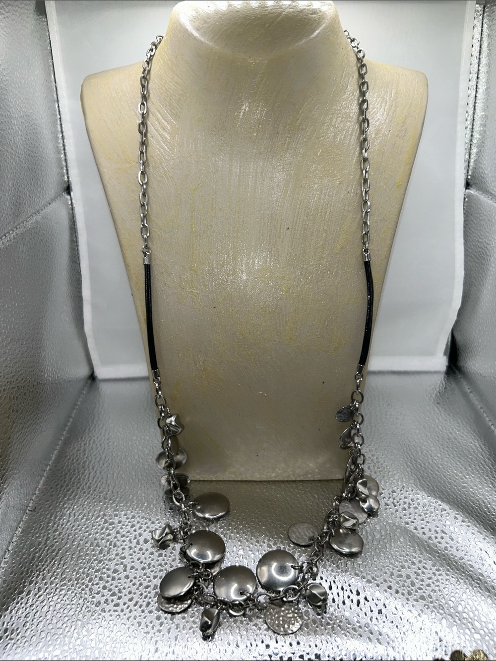 Chico’s statement necklace silver tone hammered black cord mixed media eclectic